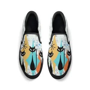 Atomic Kitschy Cat Retro Womens Slip-On Shoes, Mid Century Modern Starburst Sneakers, MCM Casual Footwear
