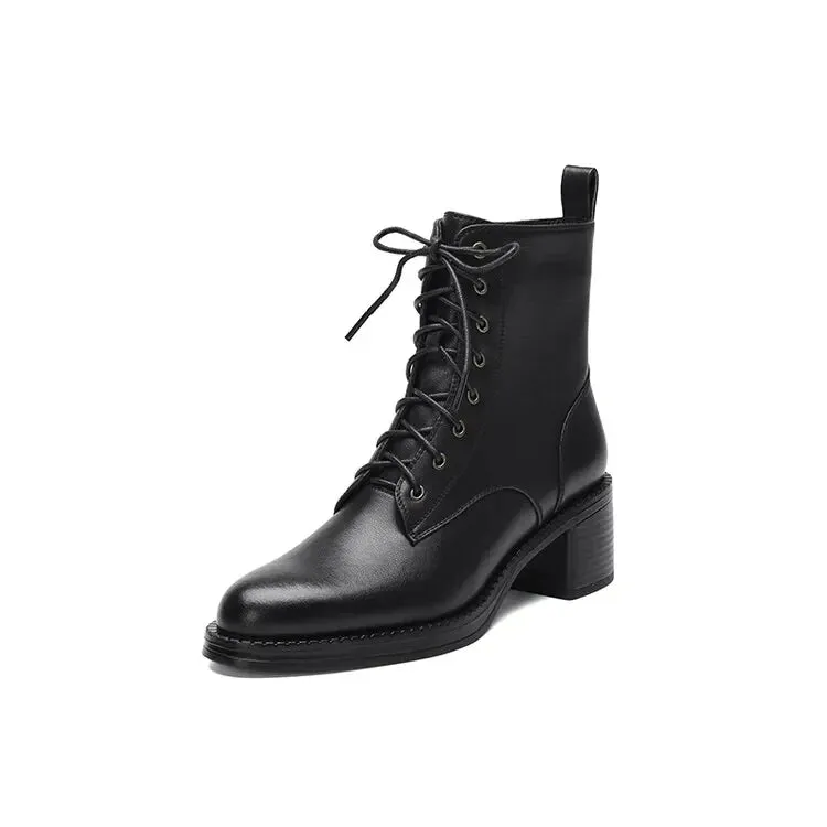 binfenxie NEW Autumn Women Boots Genuine Leather Shoes for Women Pointed Toe Chunky Heel Shoes Lace-up Ankle Boots Zipper Modern Boots