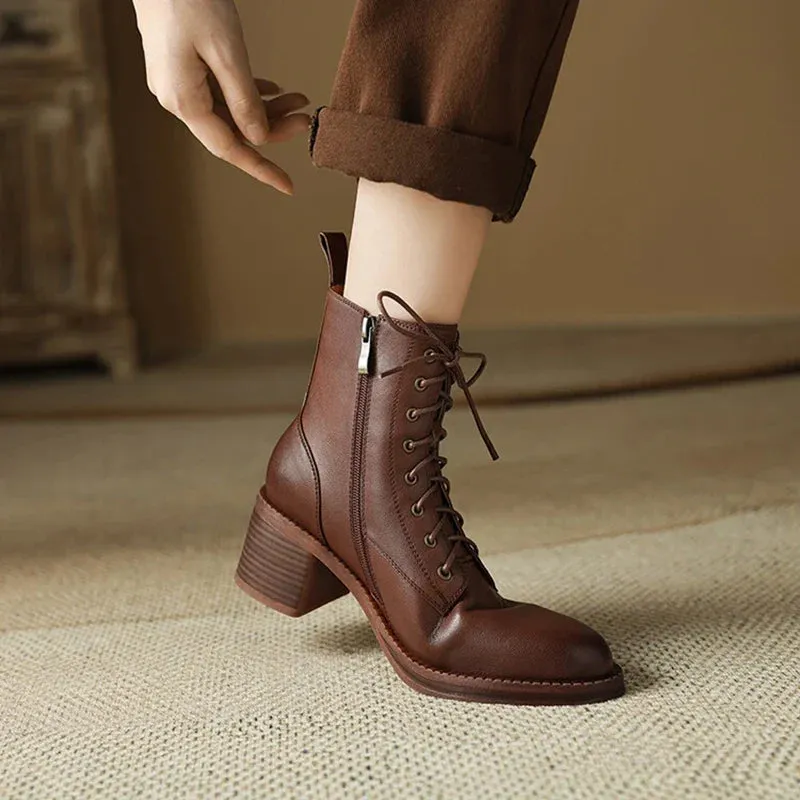 binfenxie NEW Autumn Women Boots Genuine Leather Shoes for Women Pointed Toe Chunky Heel Shoes Lace-up Ankle Boots Zipper Modern Boots