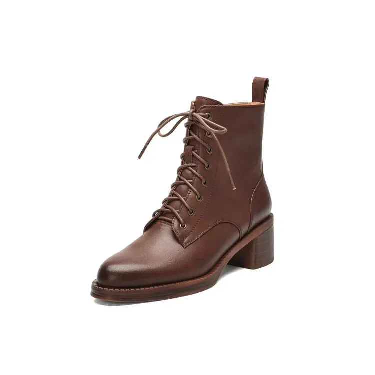 binfenxie NEW Autumn Women Boots Genuine Leather Shoes for Women Pointed Toe Chunky Heel Shoes Lace-up Ankle Boots Zipper Modern Boots