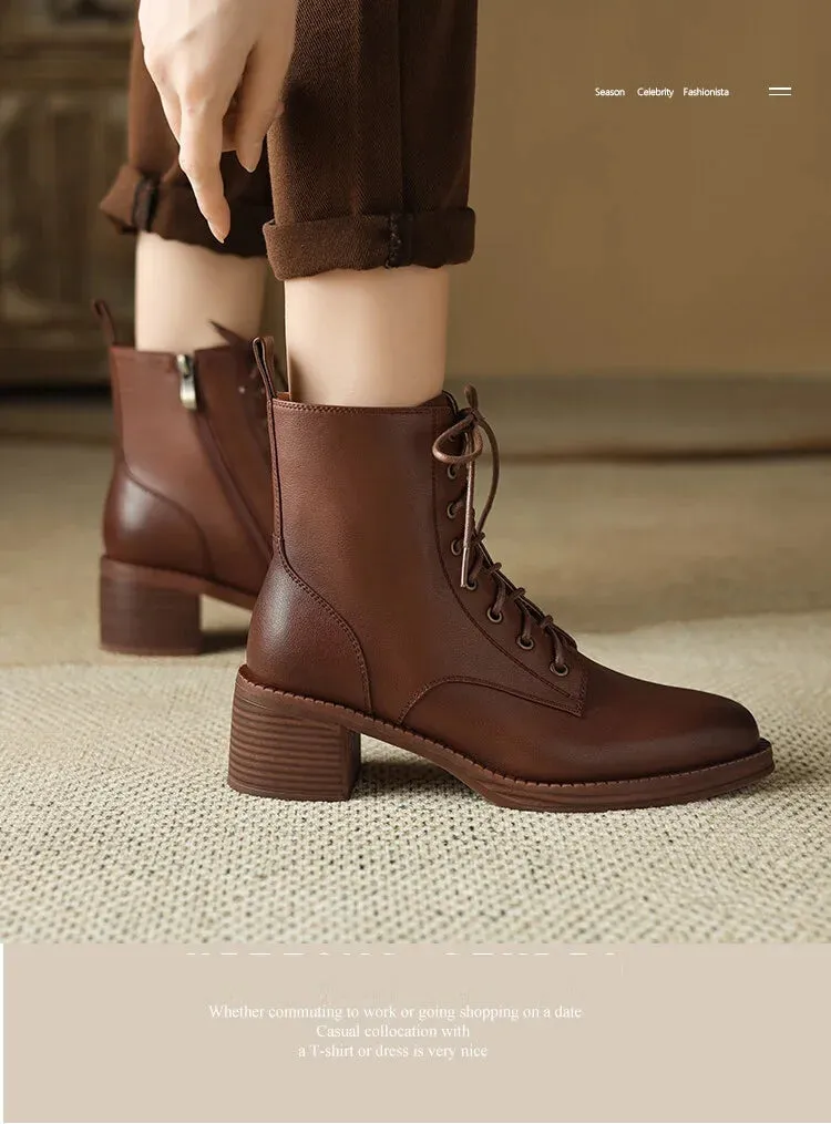 binfenxie NEW Autumn Women Boots Genuine Leather Shoes for Women Pointed Toe Chunky Heel Shoes Lace-up Ankle Boots Zipper Modern Boots