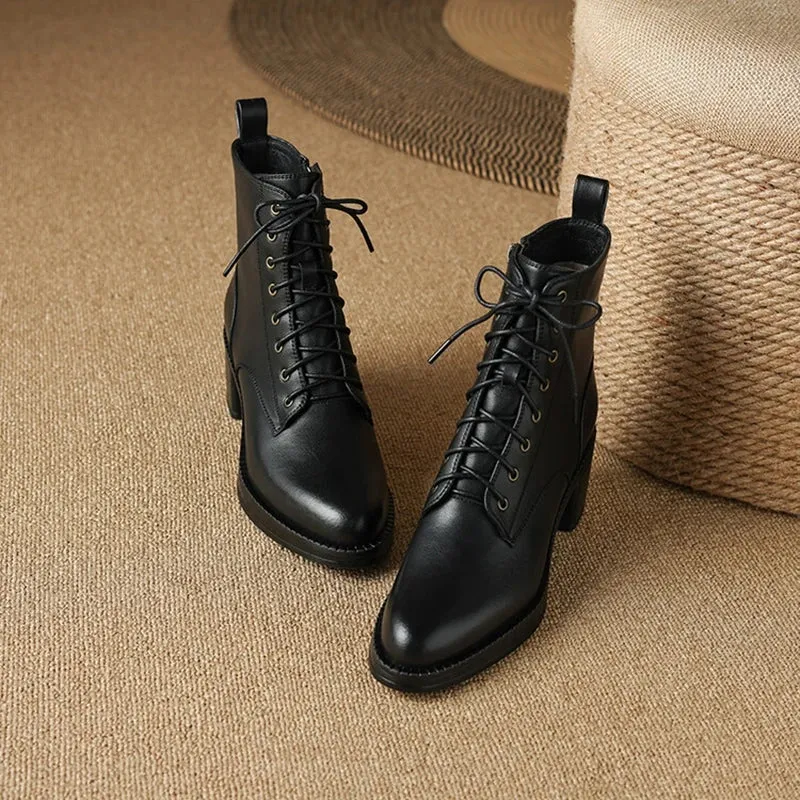 binfenxie NEW Autumn Women Boots Genuine Leather Shoes for Women Pointed Toe Chunky Heel Shoes Lace-up Ankle Boots Zipper Modern Boots