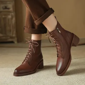binfenxie NEW Autumn Women Boots Genuine Leather Shoes for Women Pointed Toe Chunky Heel Shoes Lace-up Ankle Boots Zipper Modern Boots