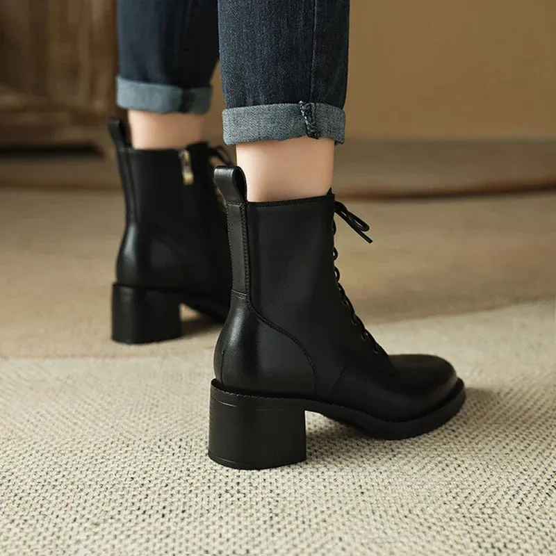 binfenxie NEW Autumn Women Boots Genuine Leather Shoes for Women Pointed Toe Chunky Heel Shoes Lace-up Ankle Boots Zipper Modern Boots