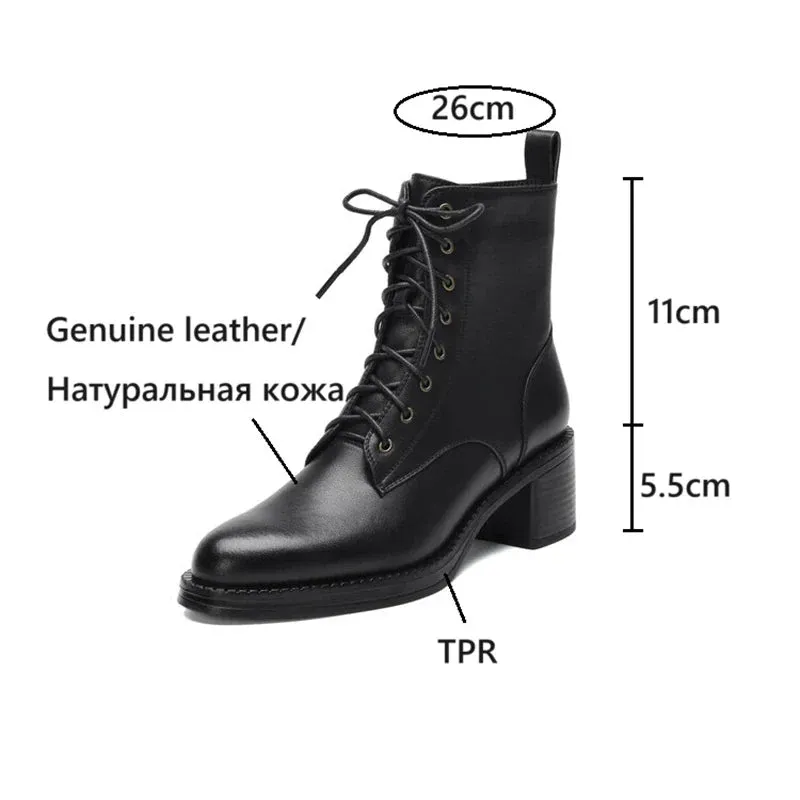 binfenxie NEW Autumn Women Boots Genuine Leather Shoes for Women Pointed Toe Chunky Heel Shoes Lace-up Ankle Boots Zipper Modern Boots