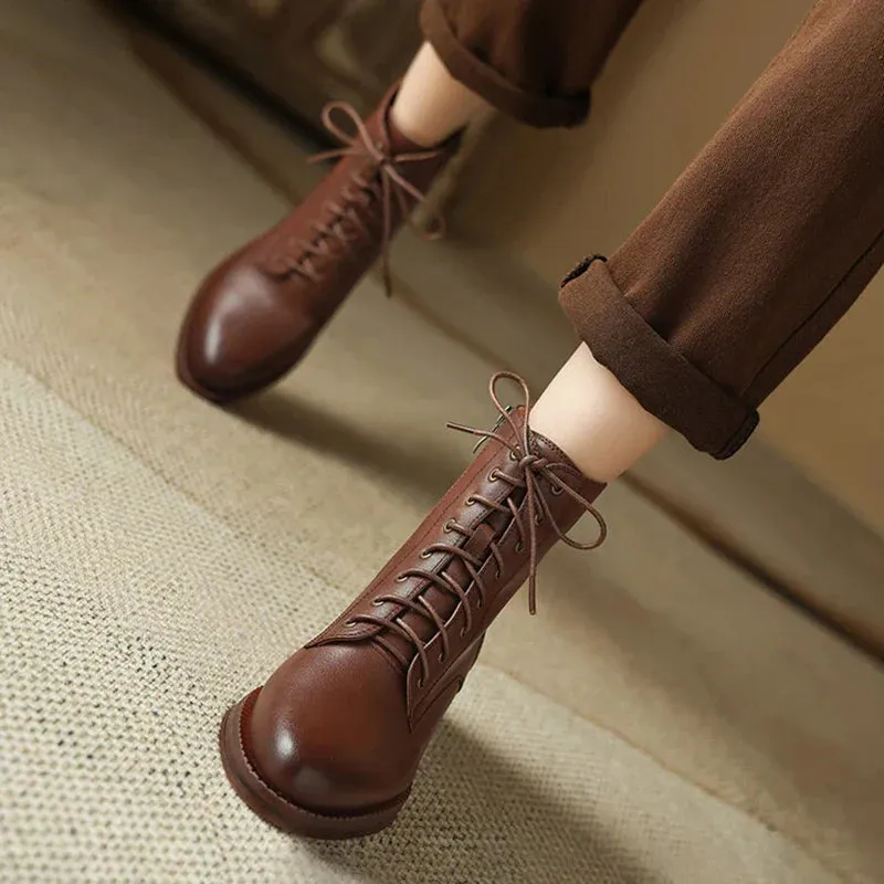 binfenxie NEW Autumn Women Boots Genuine Leather Shoes for Women Pointed Toe Chunky Heel Shoes Lace-up Ankle Boots Zipper Modern Boots