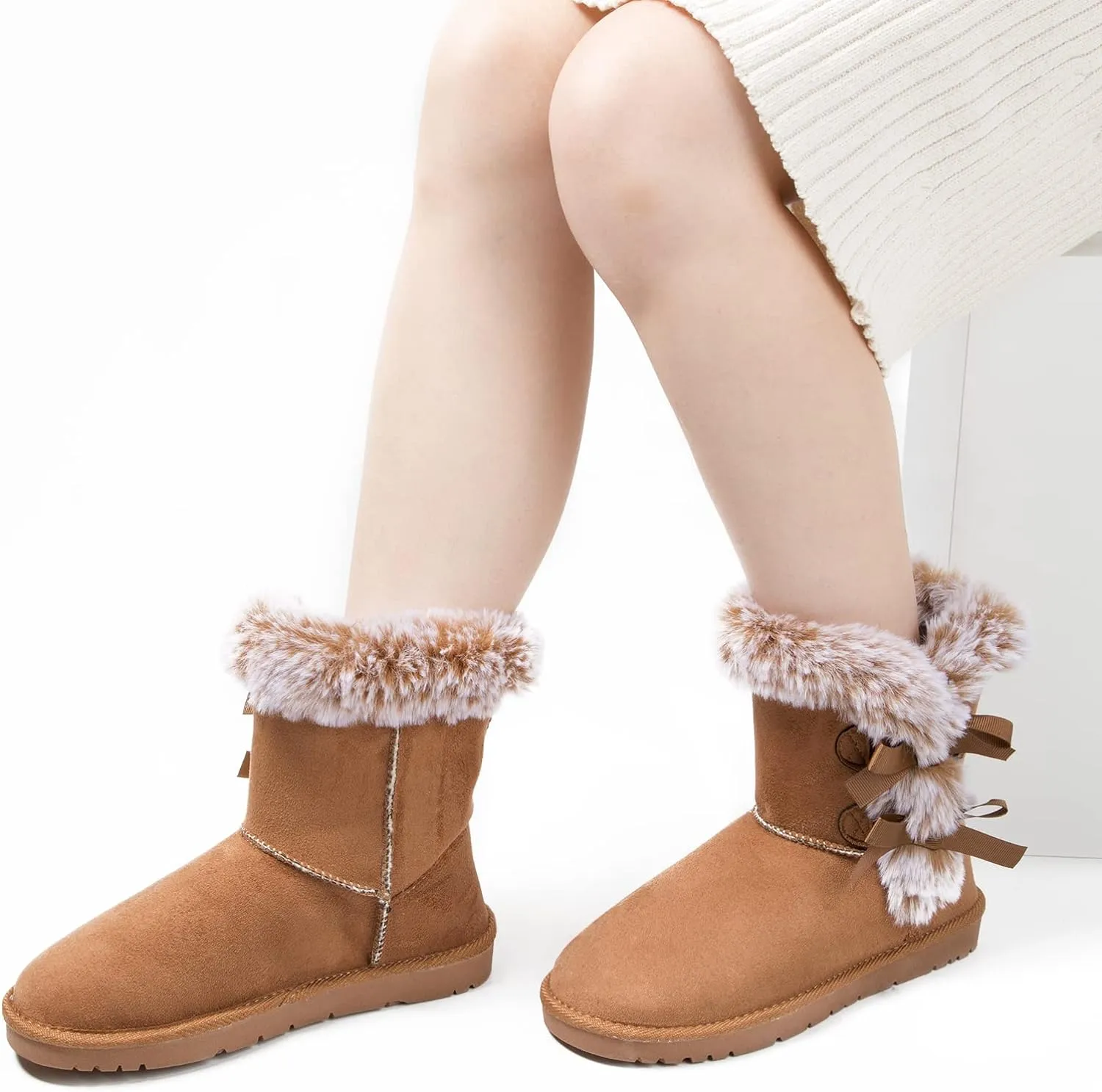 Faux Fur Winter Black Bow Tie Suede Fluffy Boots