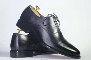 Handmade Men's Black  Cap Toe Leather Lace Up Shoes, Men Designer Dress Formal Luxury Shoes