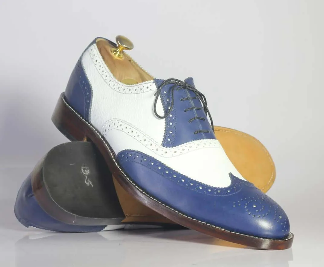 Men's Handmade Two Tone Blue White Wing Tip Brogue Pebbled Leather Formal Shoes