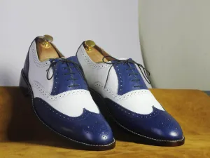 Men's Handmade Two Tone Blue White Wing Tip Brogue Pebbled Leather Formal Shoes