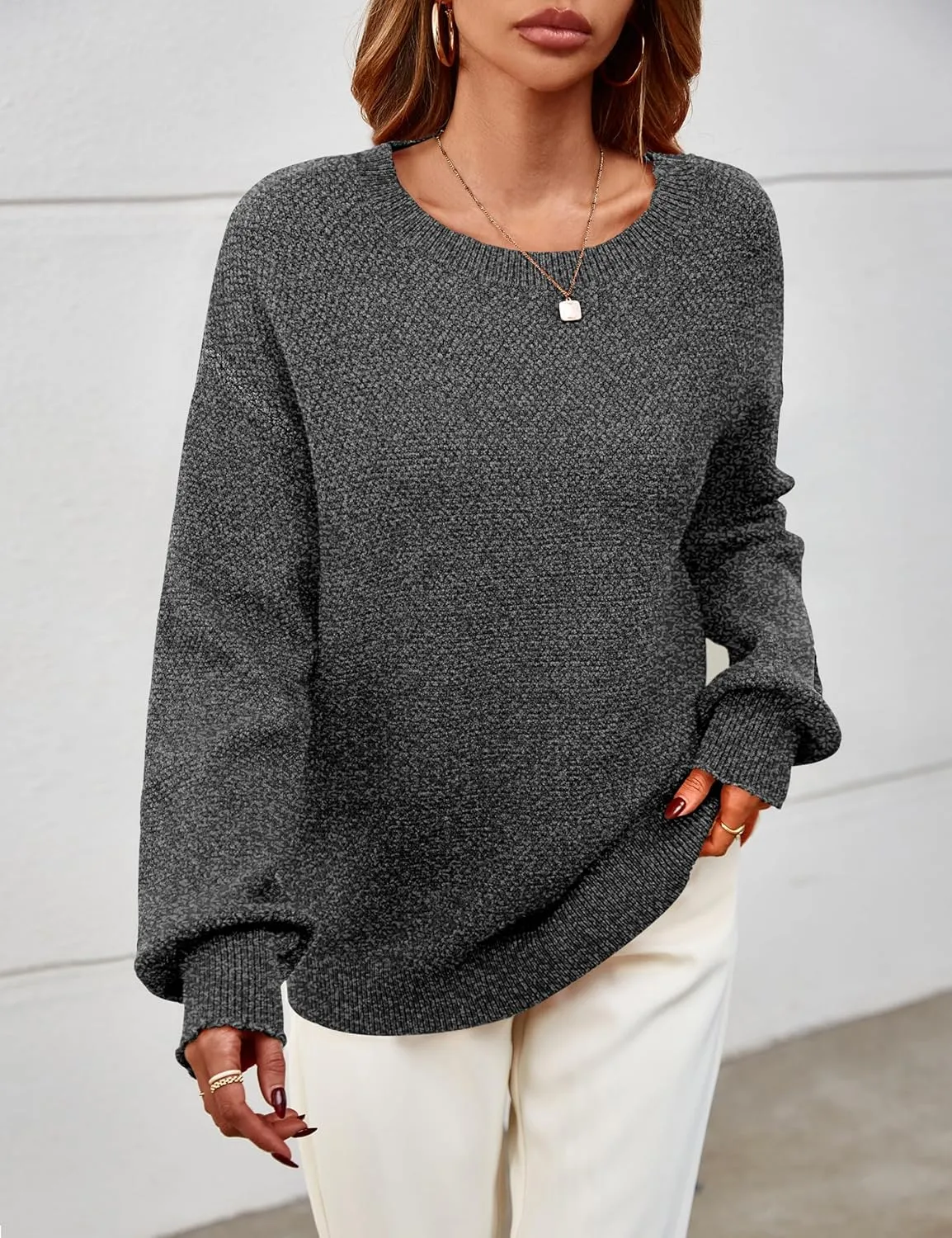 MEROKEETY Women's 2025 Fall Winter Oversized Pullover Sweater Trendy Crew Neck Long Sleeve Heathered Knit Jumper Tops