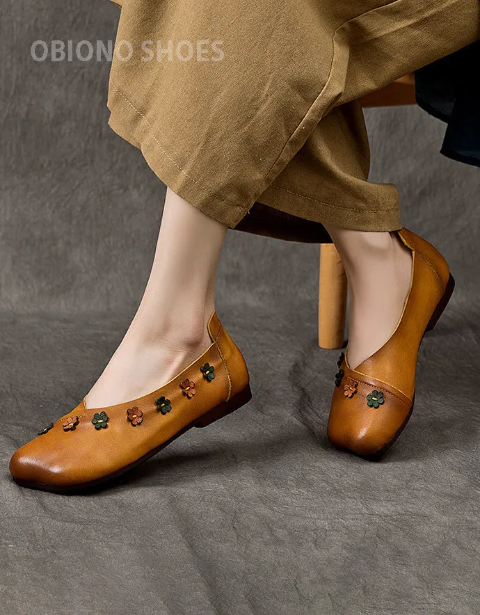 Square Toe Flower Decor Comfortable Retro Flat Shoes