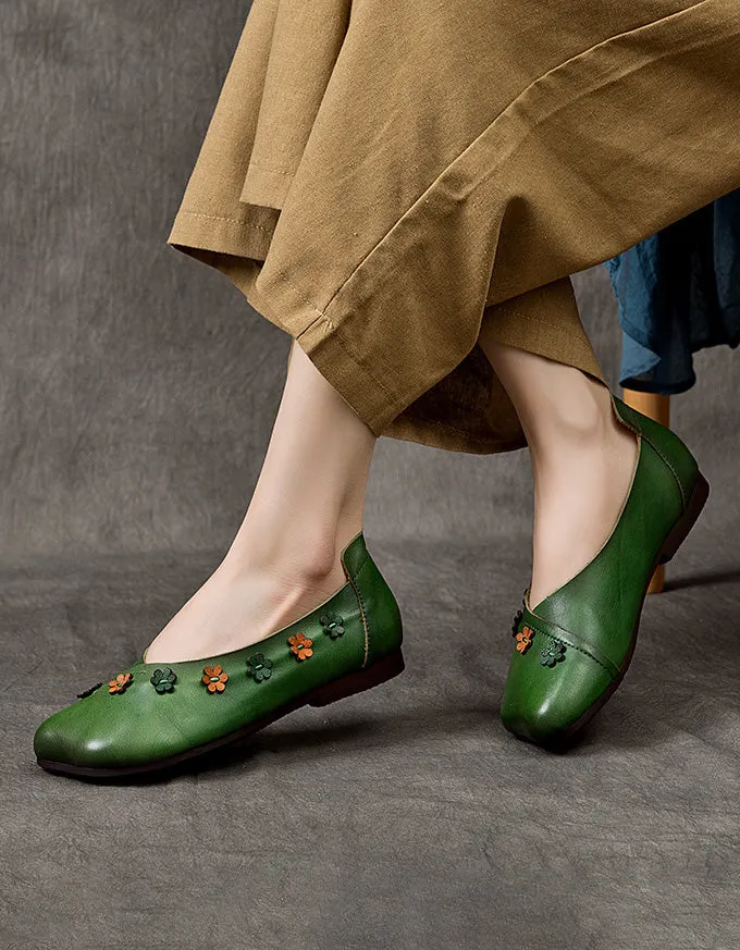 Square Toe Flower Decor Comfortable Retro Flat Shoes