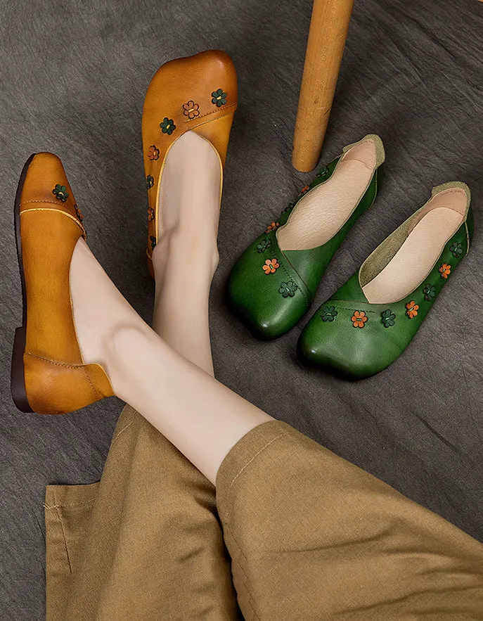 Square Toe Flower Decor Comfortable Retro Flat Shoes