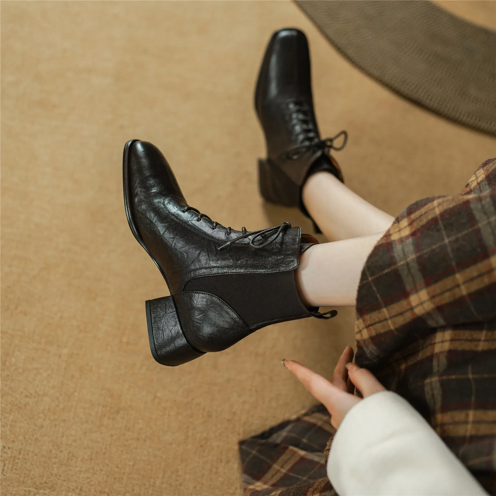 TinaCus Genuine Leather Women's Front Band Lace Up Handmade Block Heel Ankle Boots