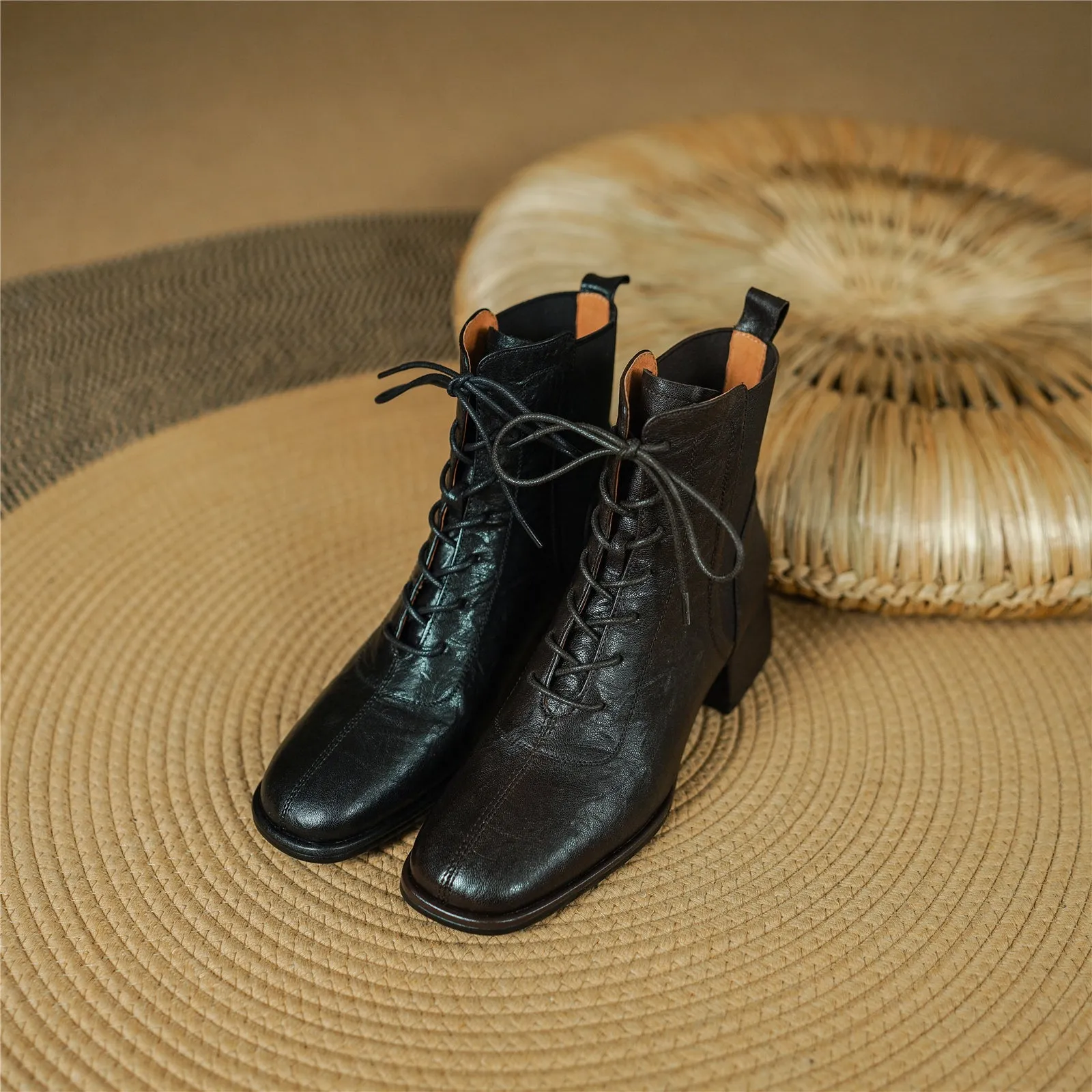 TinaCus Genuine Leather Women's Front Band Lace Up Handmade Block Heel Ankle Boots