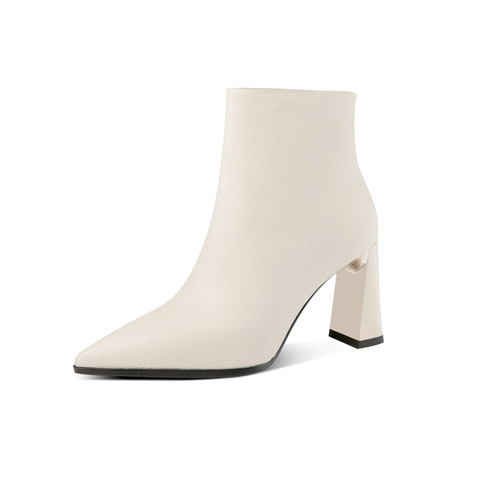 TinaCus Handmade Women's Genuine Leather Litchi Rind Pointed Toe Side Zipper High Block Heel Ankle Boots
