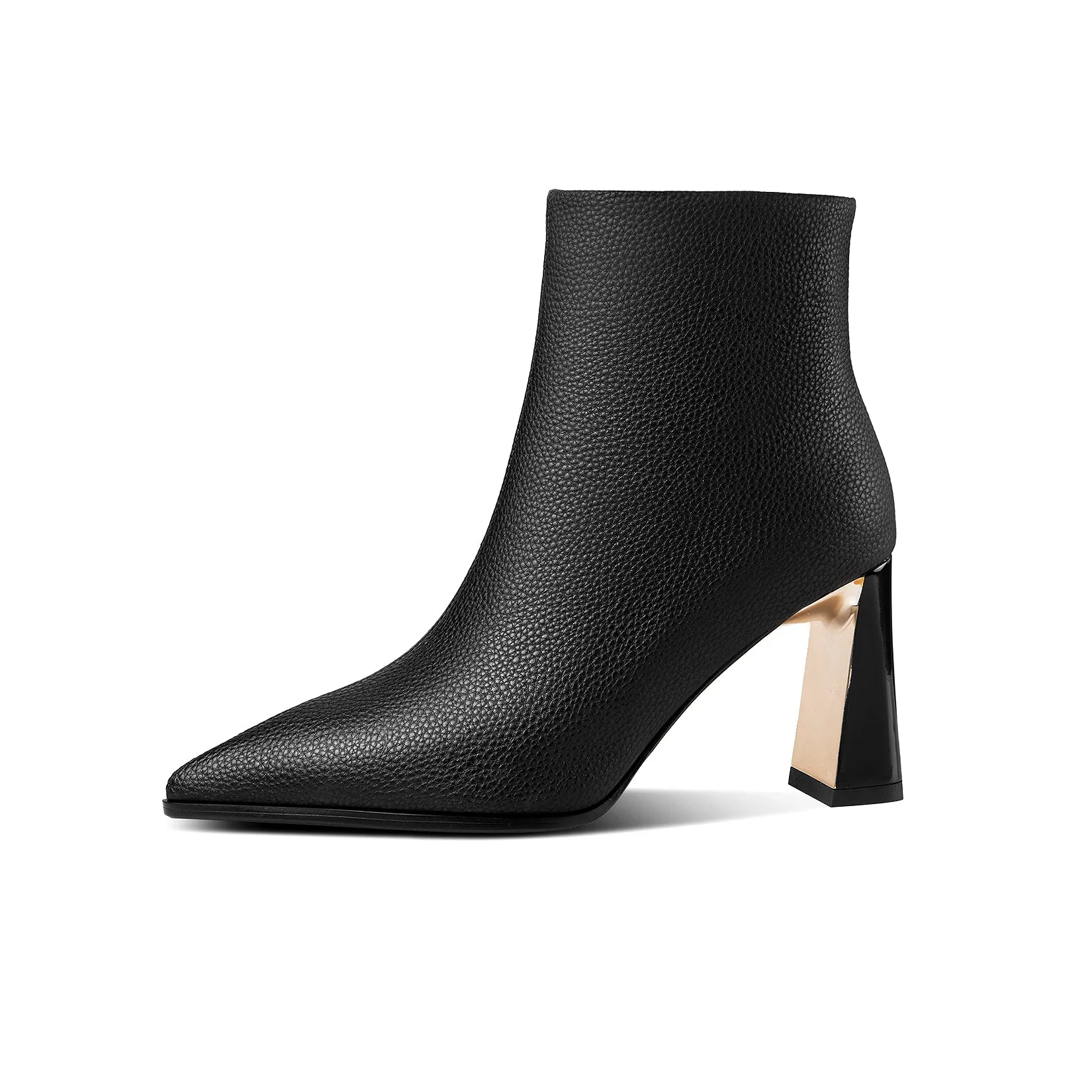 TinaCus Handmade Women's Genuine Leather Litchi Rind Pointed Toe Side Zipper High Block Heel Ankle Boots