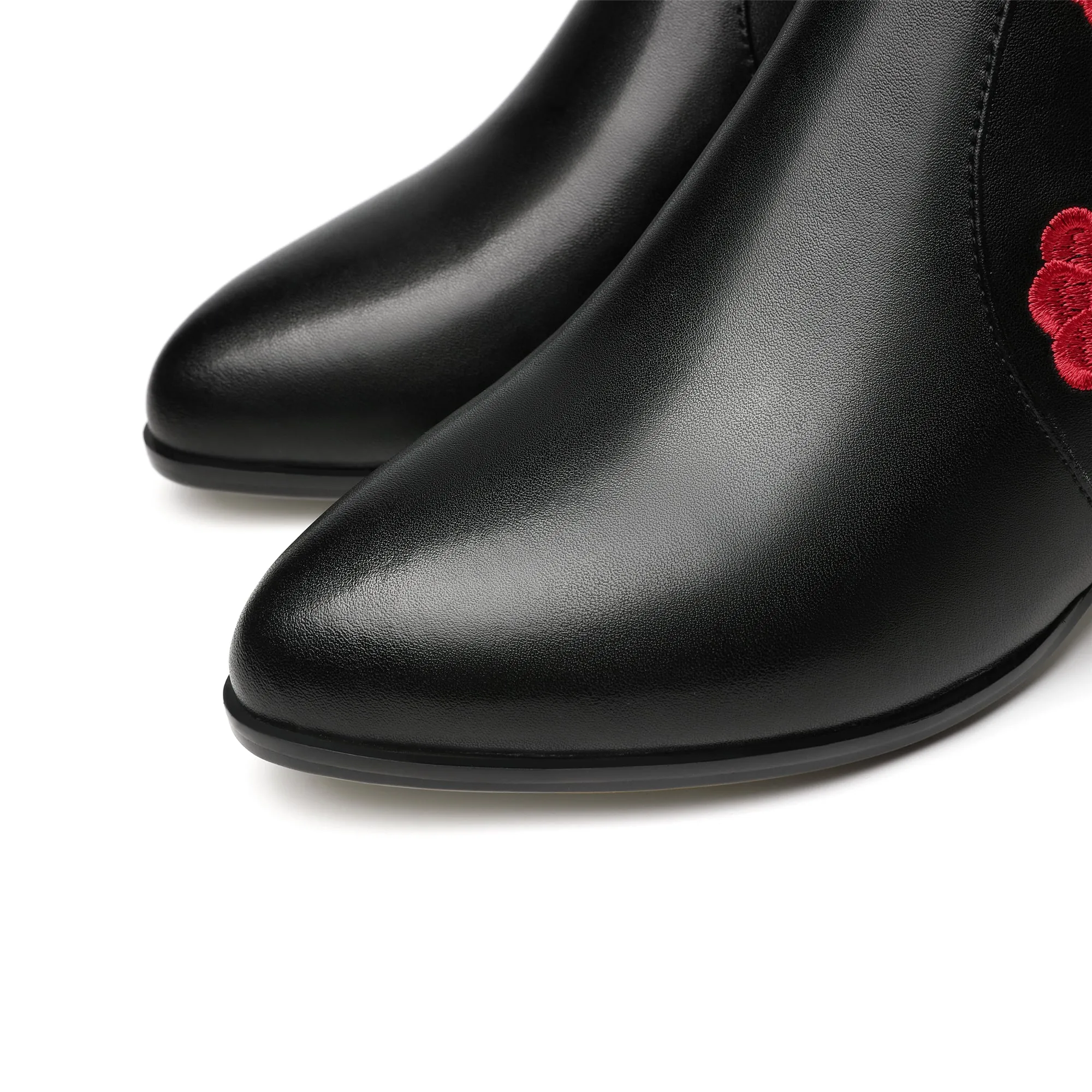 TinaCus Handmade Women's Suede Leather Ethnic Embroidered Embossed Floral Pointed Toe Low Chunky Heel Side Zipper Ankle Boots Shoes