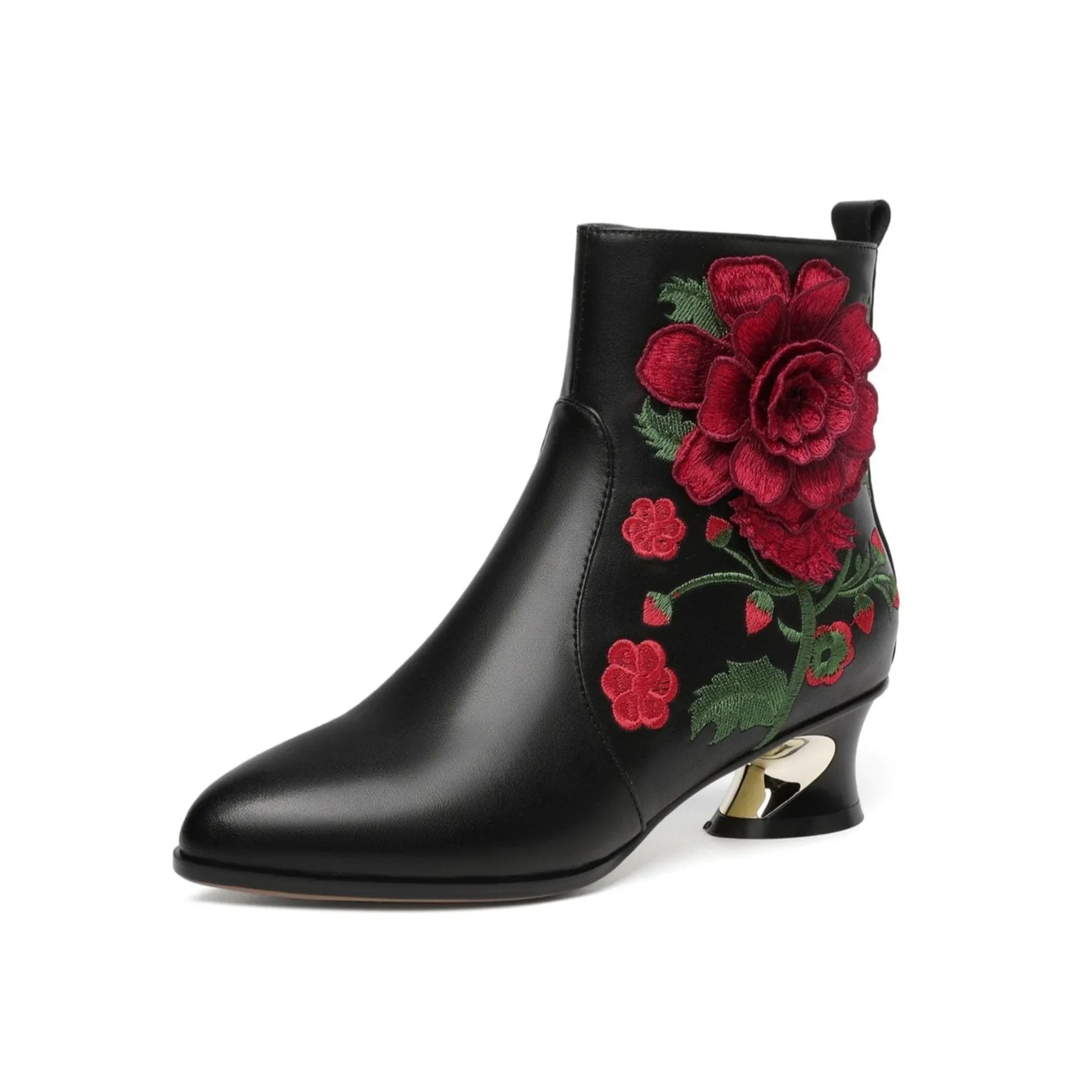TinaCus Handmade Women's Suede Leather Ethnic Embroidered Embossed Floral Pointed Toe Low Chunky Heel Side Zipper Ankle Boots Shoes