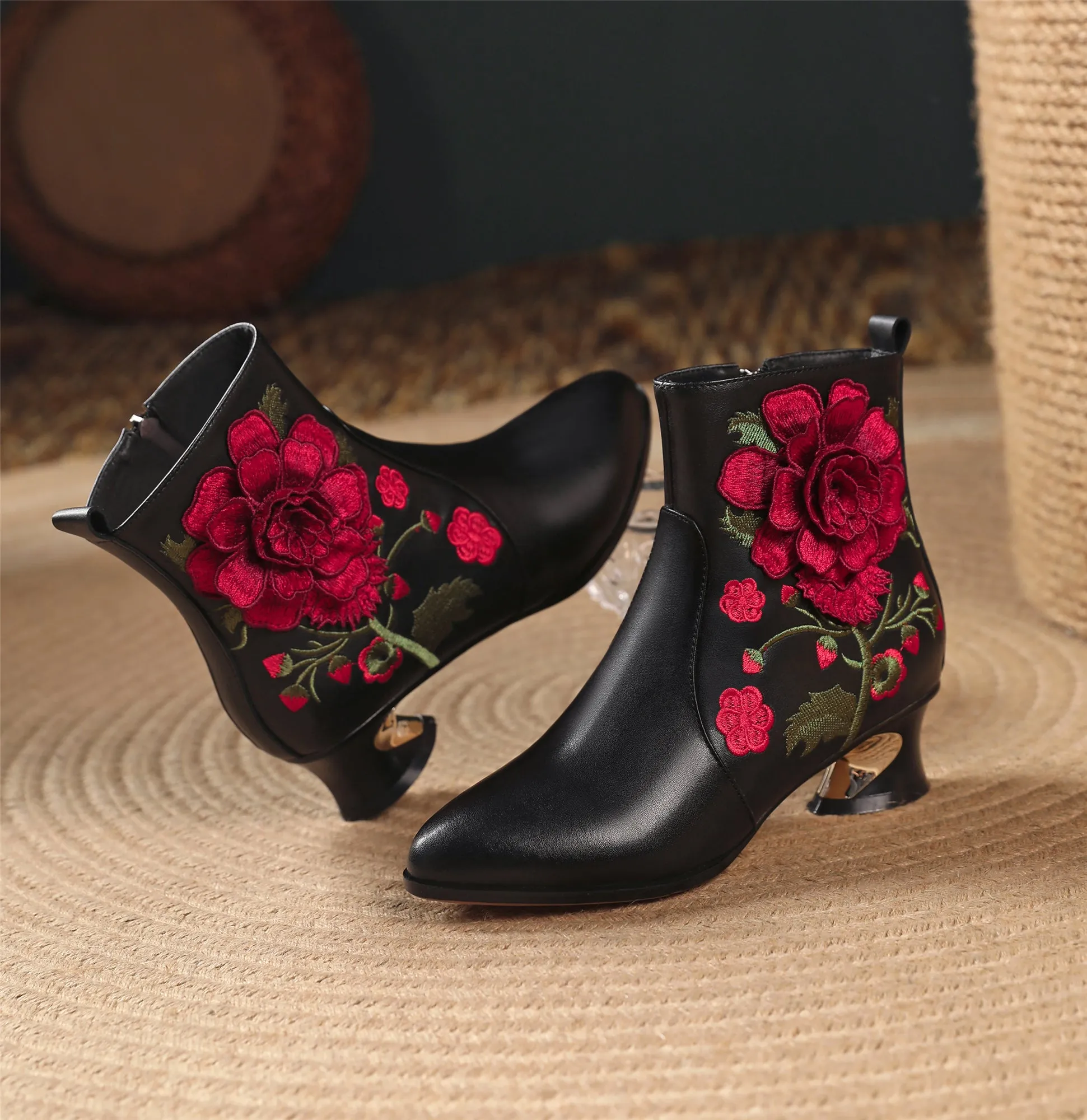 TinaCus Handmade Women's Suede Leather Ethnic Embroidered Embossed Floral Pointed Toe Low Chunky Heel Side Zipper Ankle Boots Shoes