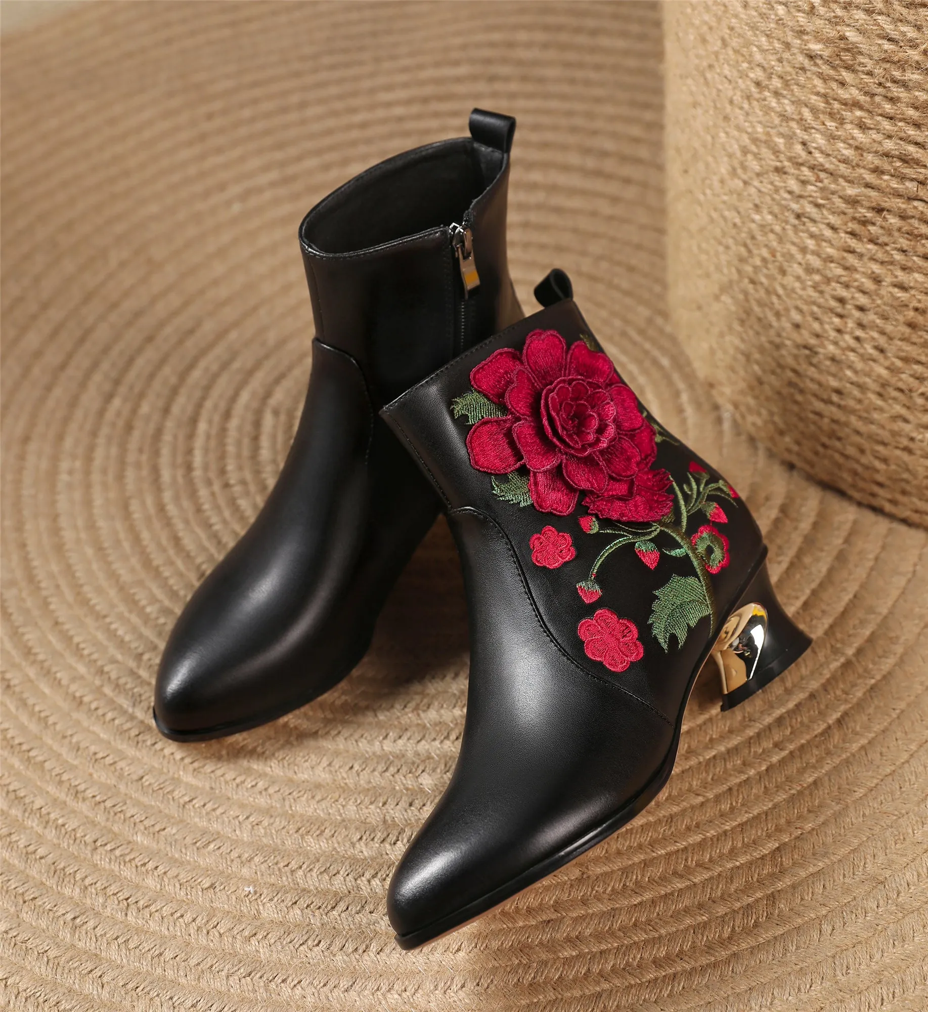 TinaCus Handmade Women's Suede Leather Ethnic Embroidered Embossed Floral Pointed Toe Low Chunky Heel Side Zipper Ankle Boots Shoes