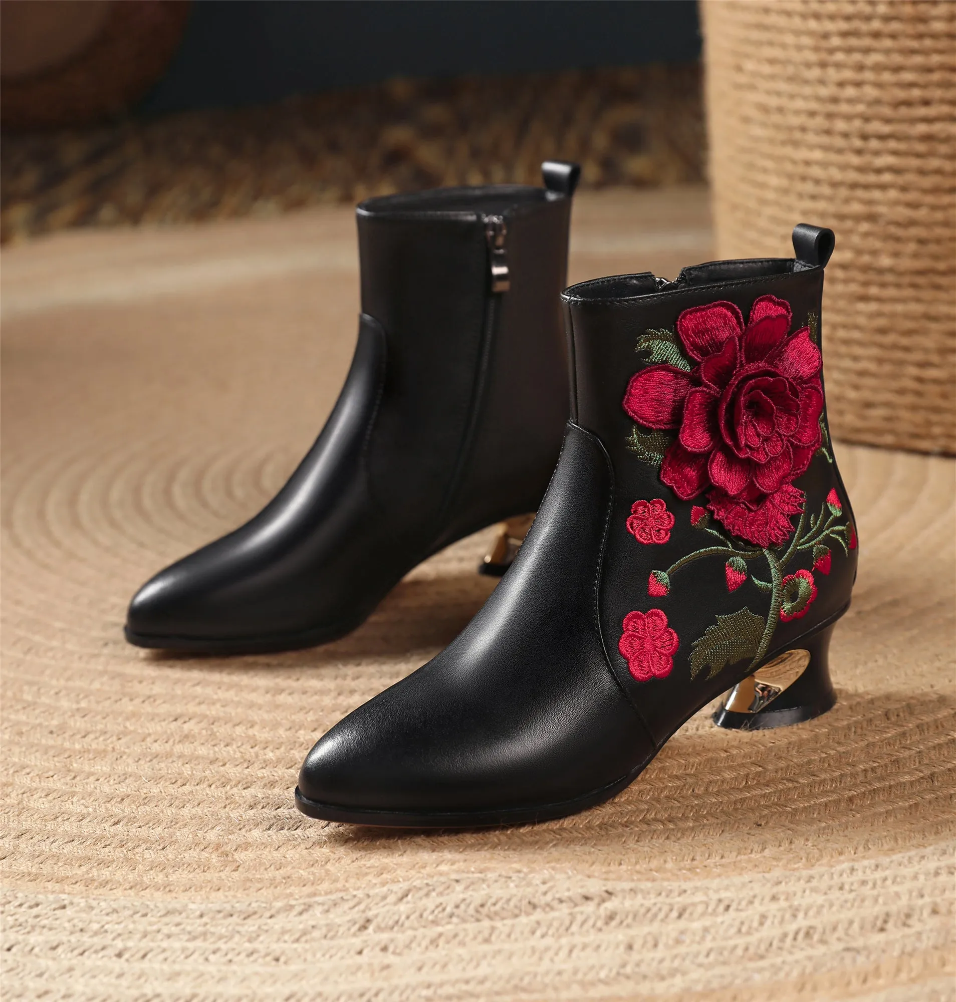 TinaCus Handmade Women's Suede Leather Ethnic Embroidered Embossed Floral Pointed Toe Low Chunky Heel Side Zipper Ankle Boots Shoes