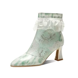 TinaCus Women's Genuine Leather Embroidery Flowers Lace Mid Heel Handmade Side Zip Ankle Boots