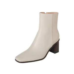 TinaCus Women's Genuine Leather Handmade Square Toe Side Zipper Mid Chunky Heels Retro Ankle Boots