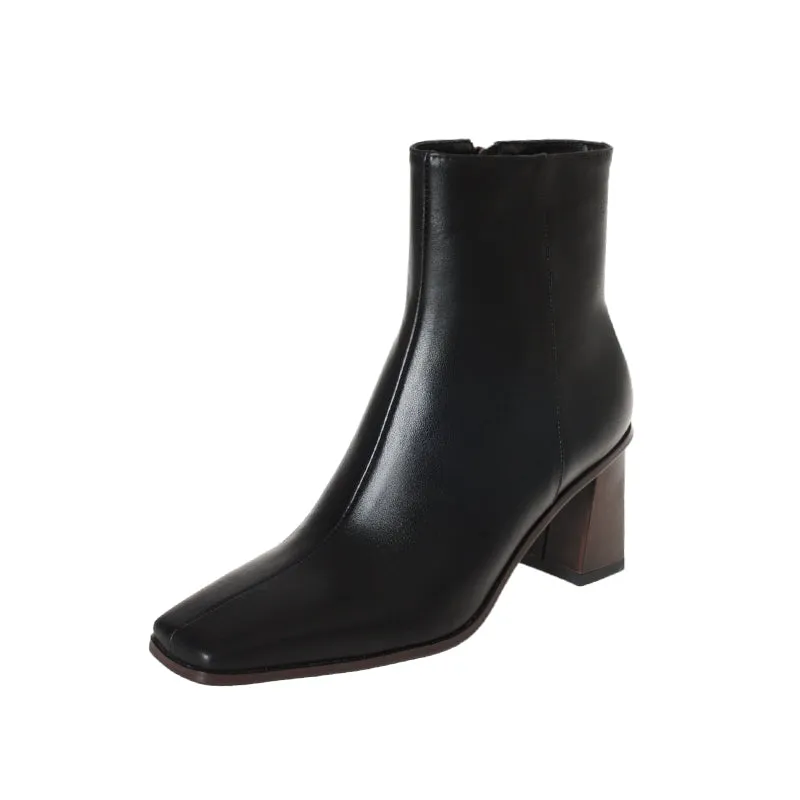 TinaCus Women's Genuine Leather Handmade Square Toe Side Zipper Mid Chunky Heels Retro Ankle Boots