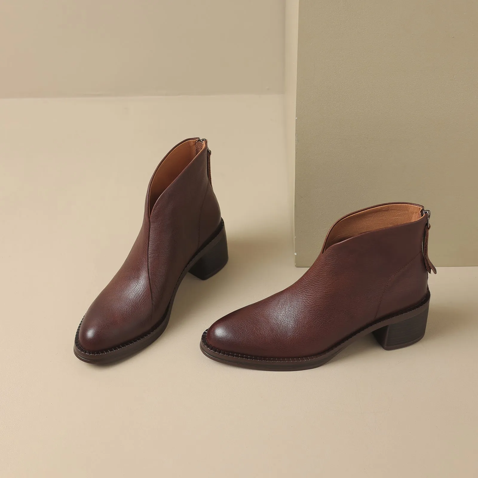 TinaCus Women's Genuine Leather Zip Up Block Heel Handmade Ankle Boots