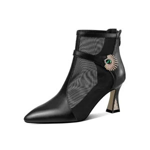 TinaCus Women's Handmade Genuine Leather and Mesh Zip Up Spool Heel Summer Ankle Boots with Green Crystal