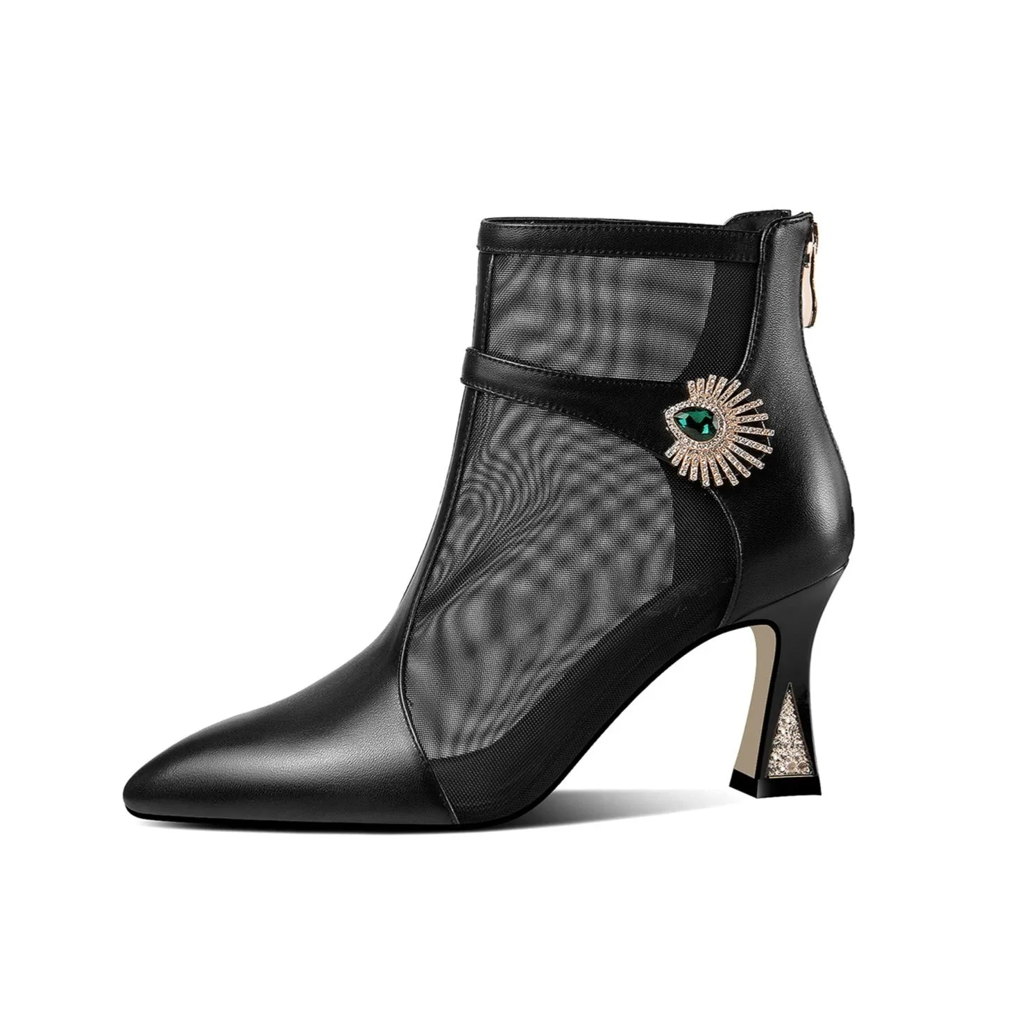 TinaCus Women's Handmade Genuine Leather and Mesh Zip Up Spool Heel Summer Ankle Boots with Green Crystal