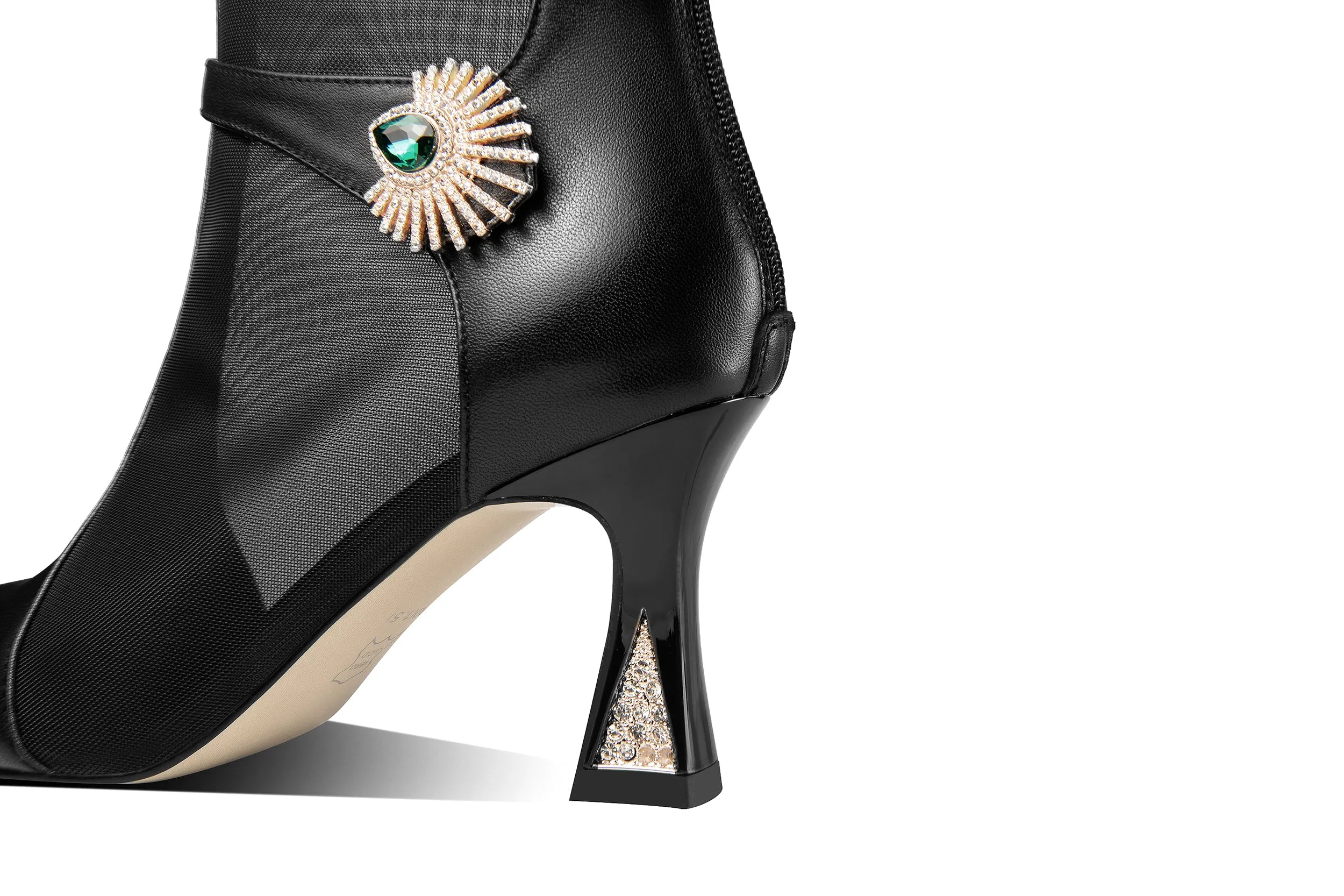 TinaCus Women's Handmade Genuine Leather and Mesh Zip Up Spool Heel Summer Ankle Boots with Green Crystal