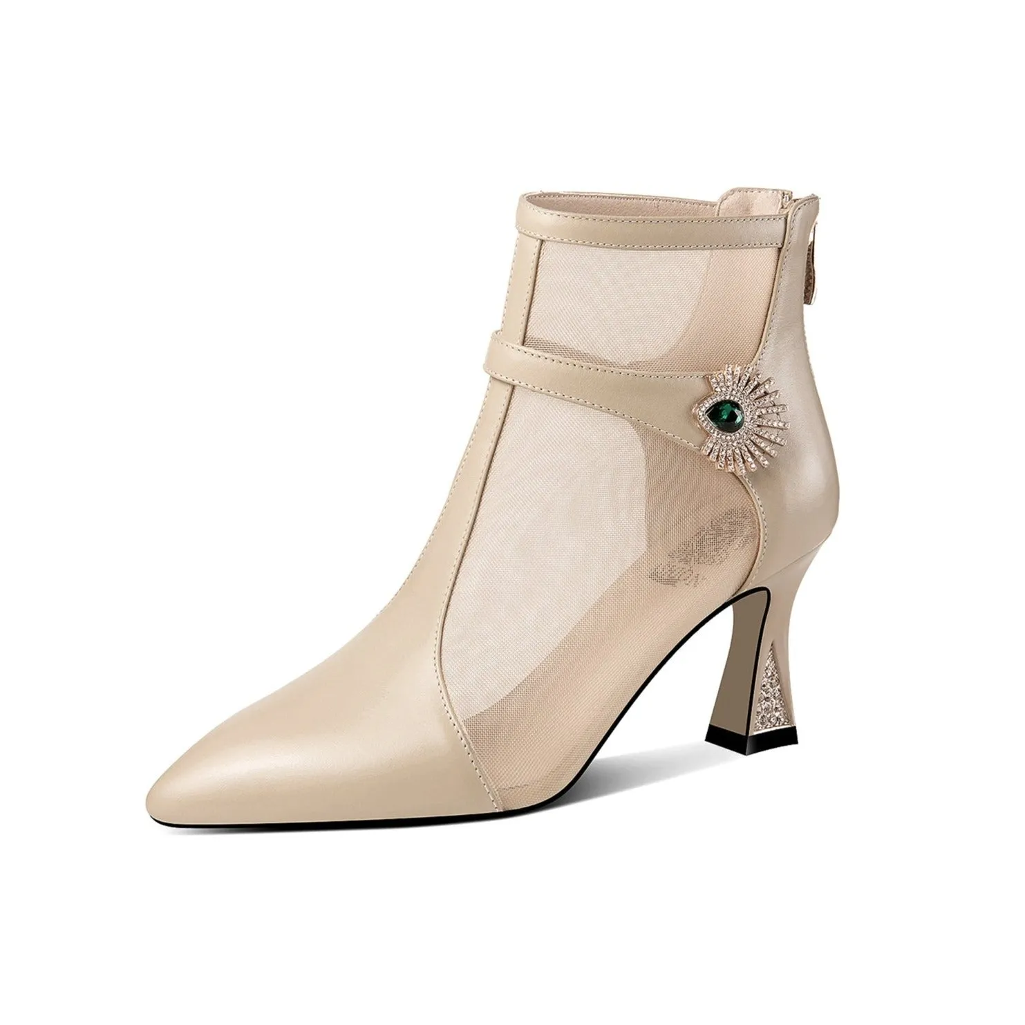 TinaCus Women's Handmade Genuine Leather and Mesh Zip Up Spool Heel Summer Ankle Boots with Green Crystal