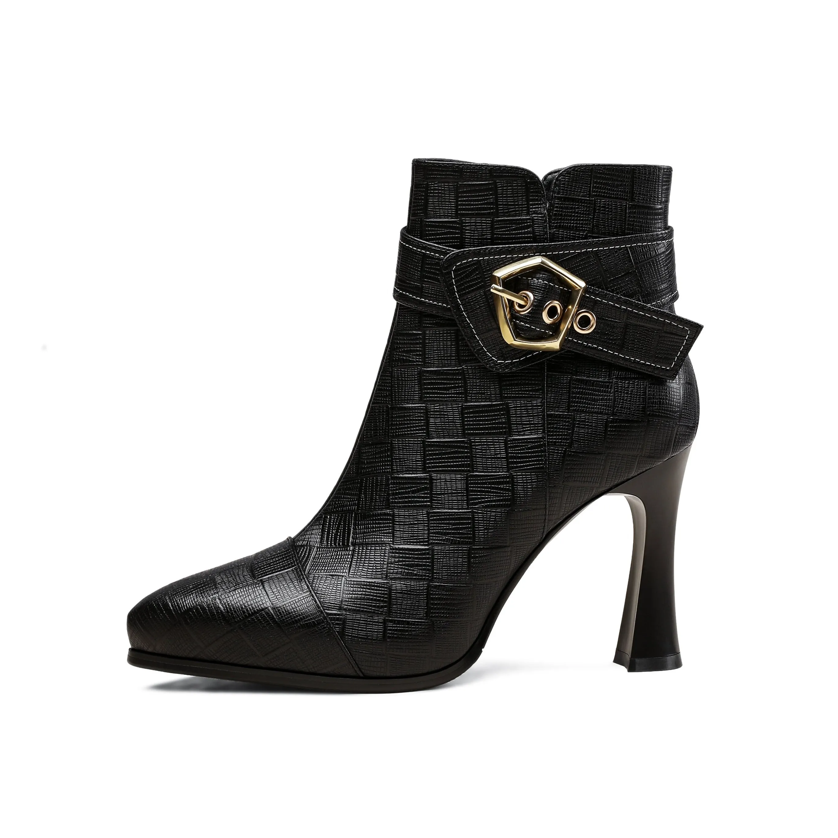 TinaCus Women's Platform Pointed Toe Genuine Leather Handmade High Heel Side Zip Ankle Boots with Modern Buckle