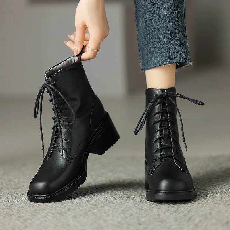 TinaCus Women's Round Toe Lace Up Chunky Heel Handmade Genuine Leather Ankle Boots