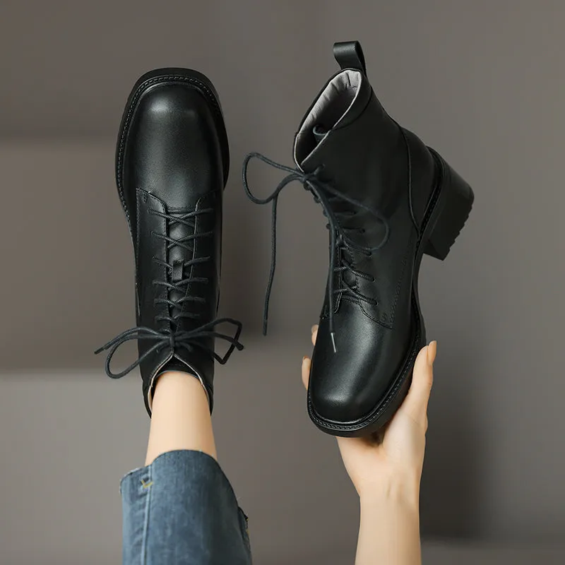 TinaCus Women's Round Toe Lace Up Chunky Heel Handmade Genuine Leather Ankle Boots
