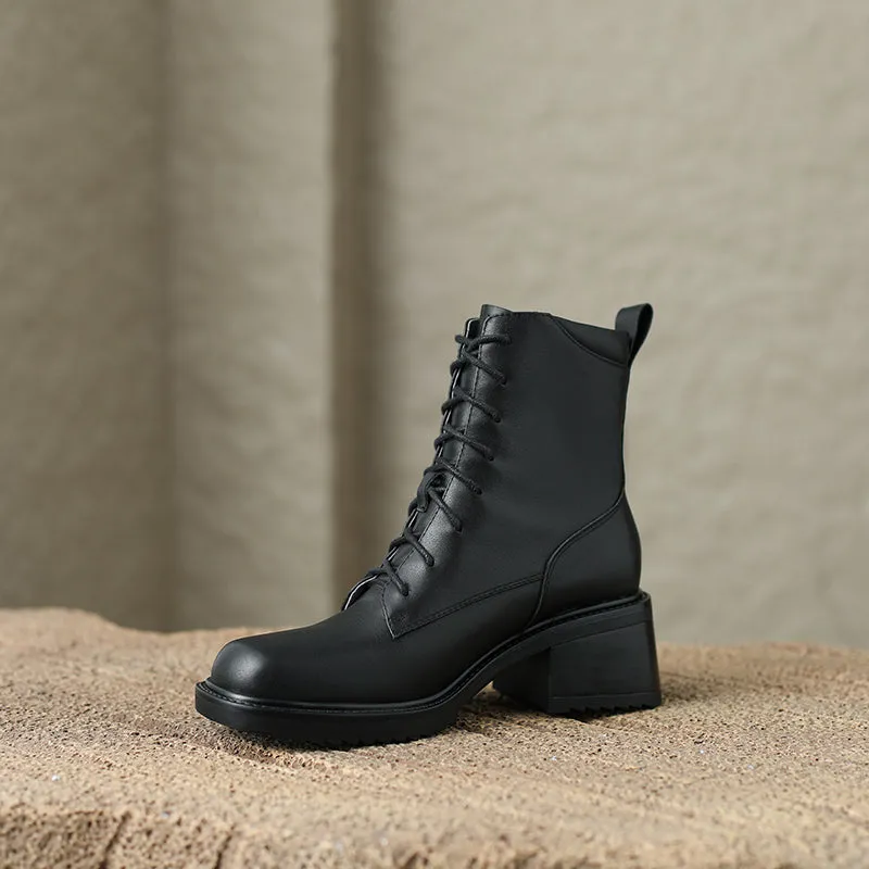 TinaCus Women's Round Toe Lace Up Chunky Heel Handmade Genuine Leather Ankle Boots