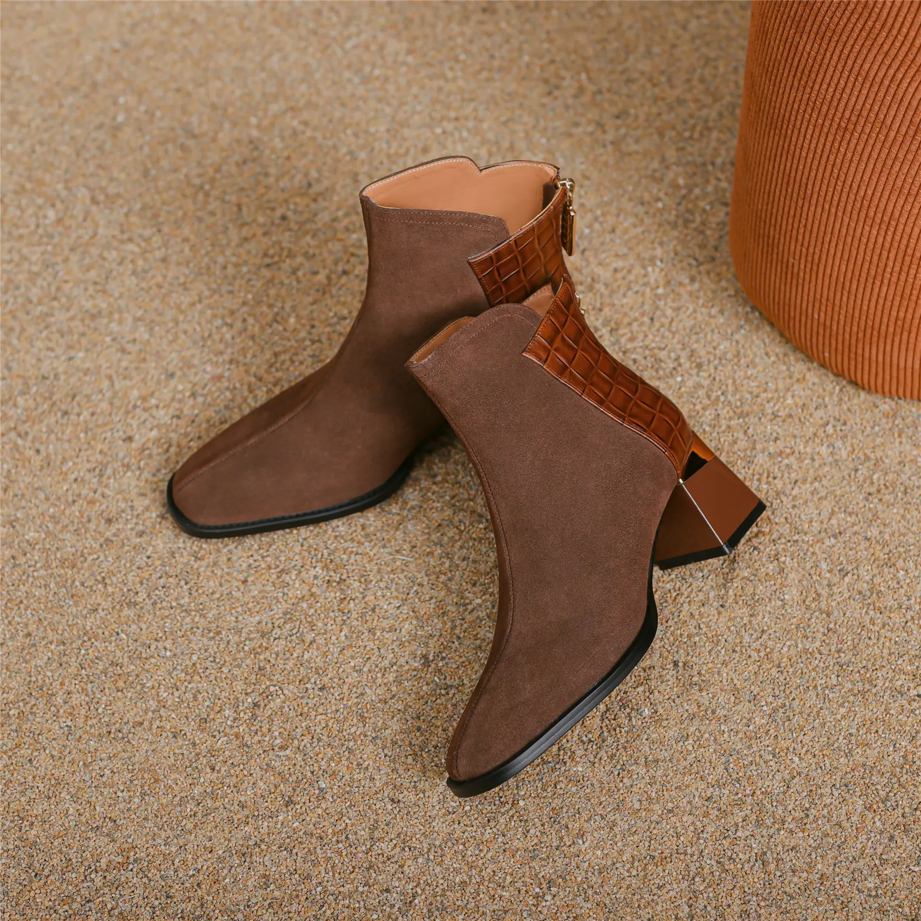 TinaCus Women's Suede Genuine Leather Handmade Chunky Heel  Zip Up Ankle Boots