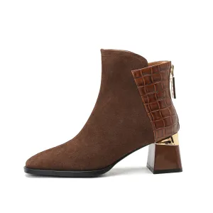 TinaCus Women's Suede Genuine Leather Handmade Chunky Heel  Zip Up Ankle Boots