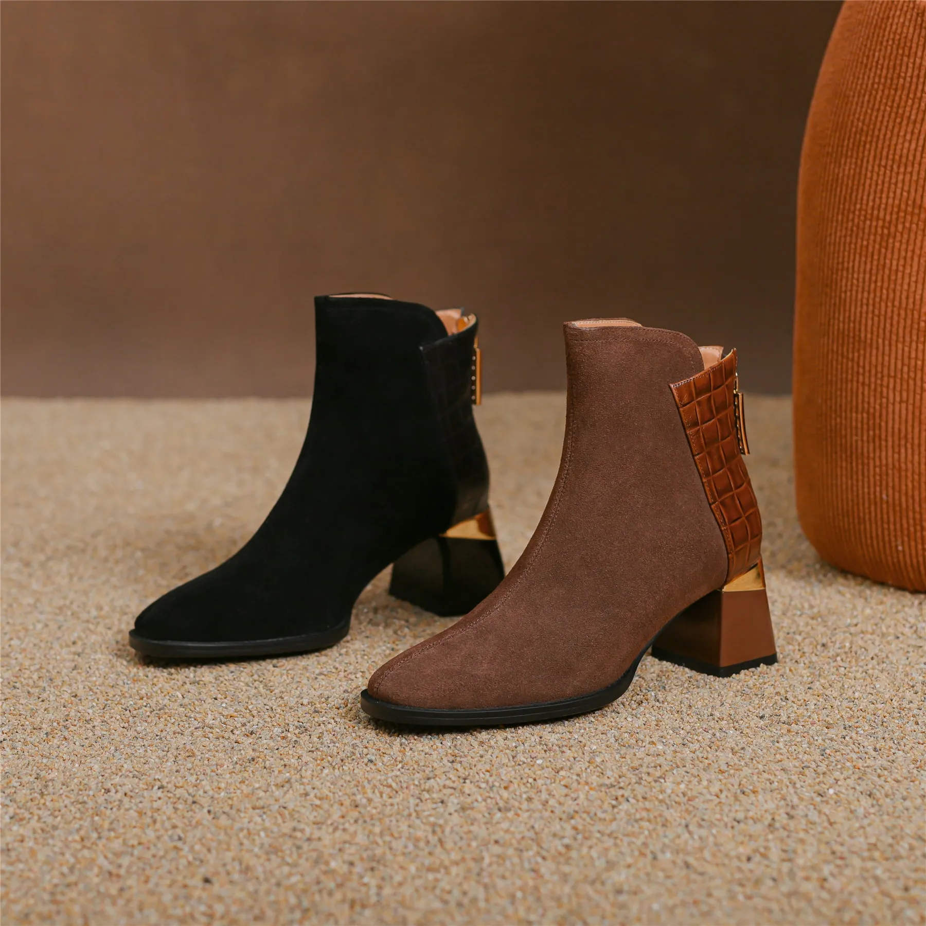 TinaCus Women's Suede Genuine Leather Handmade Chunky Heel  Zip Up Ankle Boots
