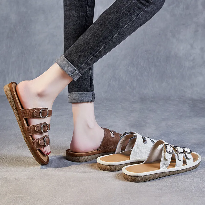 Women Leather Casual Beach Slides Sandals