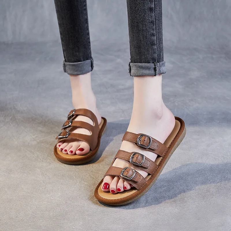 Women Leather Casual Beach Slides Sandals