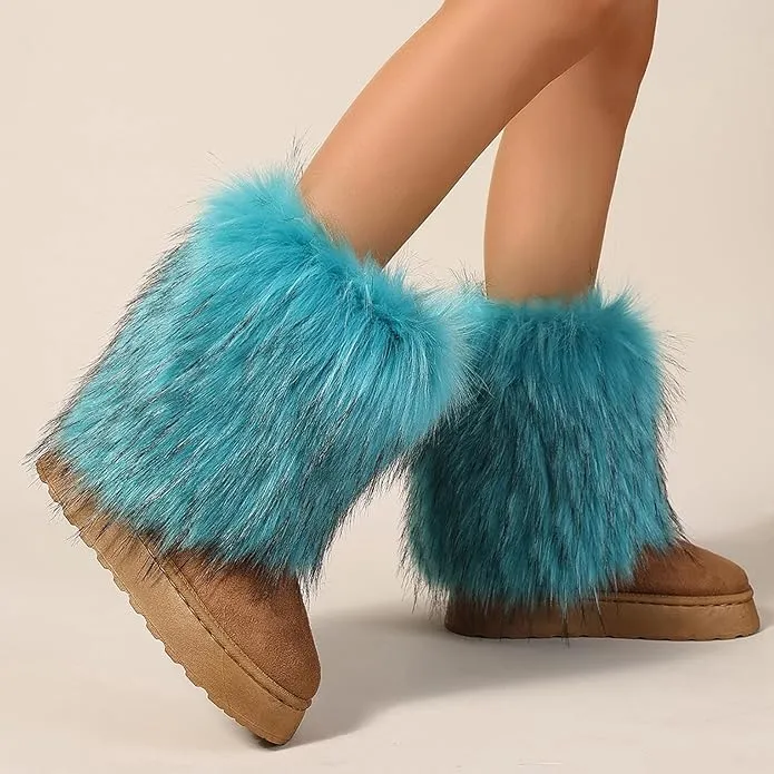 Women's faux fur boots warm plush lined snow boots