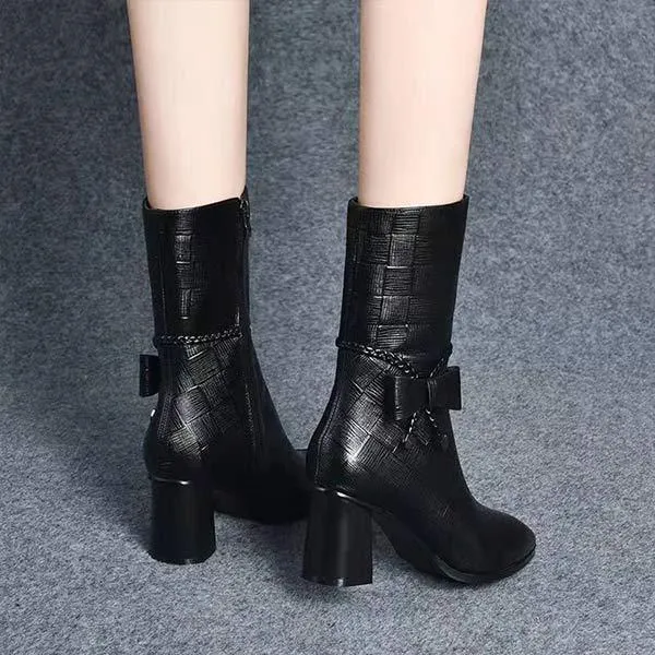 Women's Pointed Toe Side Zipper Vintage Bow Detail Mid-Calf Boots 99222891C