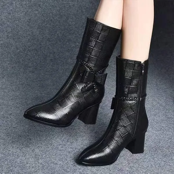 Women's Pointed Toe Side Zipper Vintage Bow Detail Mid-Calf Boots 99222891C